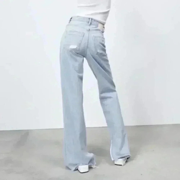 Zara Destroyed High Rise Full Length Jeans With Vents Slits Light Wash Raw Hem 6 - Picture 2 of 16